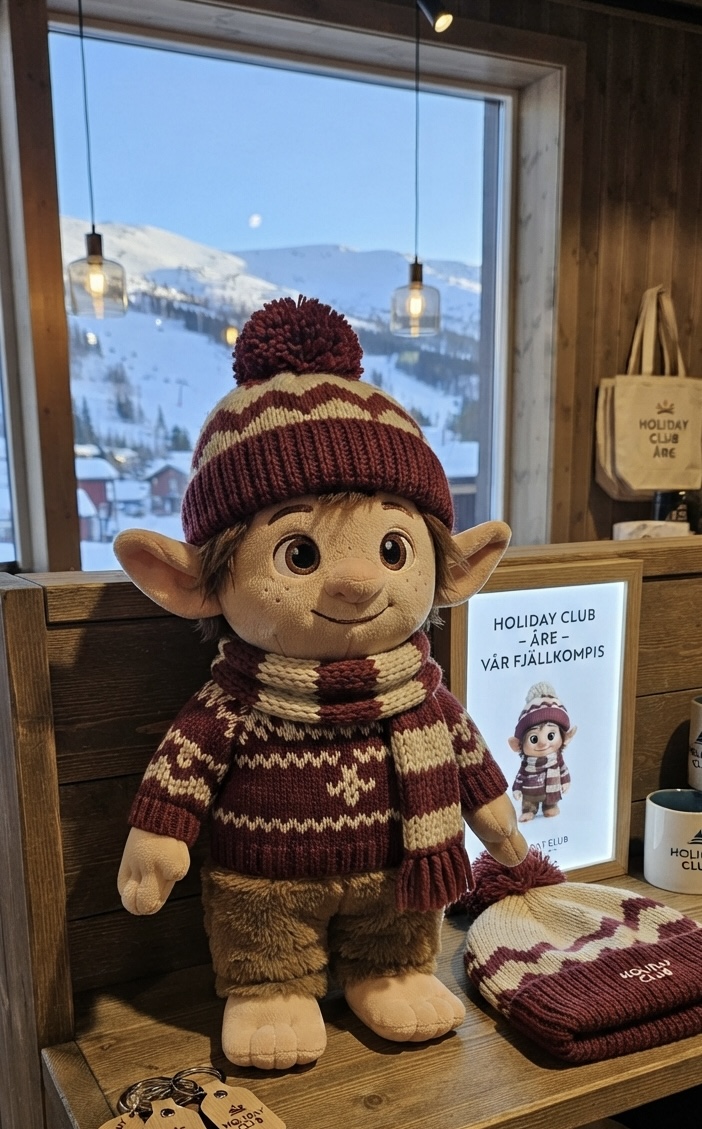 Holi-plush i stickad mössa, halsduk och tröja bredvid Holiday Club Åre-mugg, tygkasse och nyckelringar